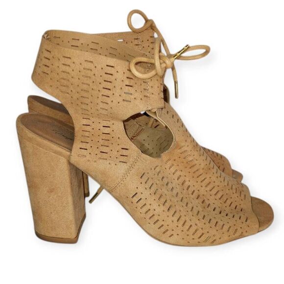 QUPID TAN OPEN TOE BLOCK HEELS BOOTIES SZ.7.5 EUC. - Picture 4 of 9